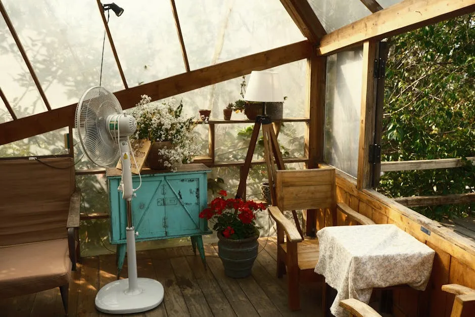 A fan is sitting on a table in a greenhouse