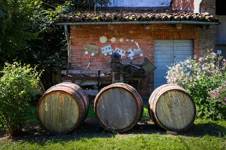Rustic Barrels Outside Brick Shed in Garden