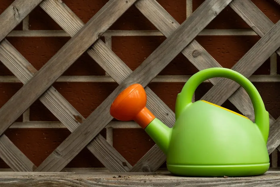 Colorful Watering Can Against Wooden Trellis