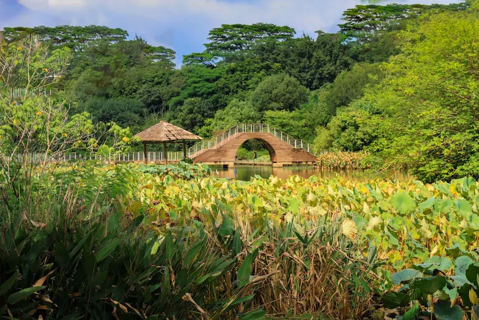 Serene Garden Bridge in Verdant Landscape