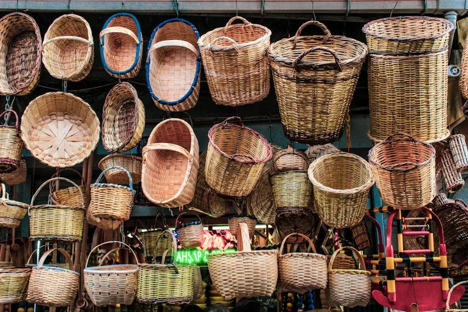 Woven Baskets Hanging on the Store