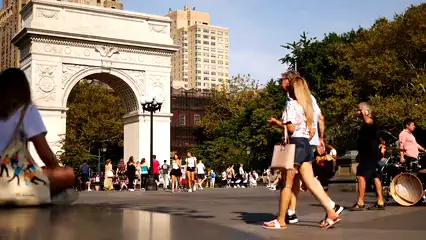 Horizontal video: People hanging out and walking around washington square on a breezy day 2985407. Duration: 59 seconds. Resolution: 3840x2160