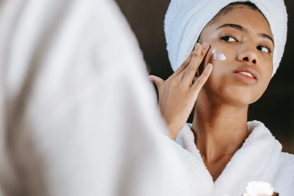 Ethnic woman applying cream on face in morning