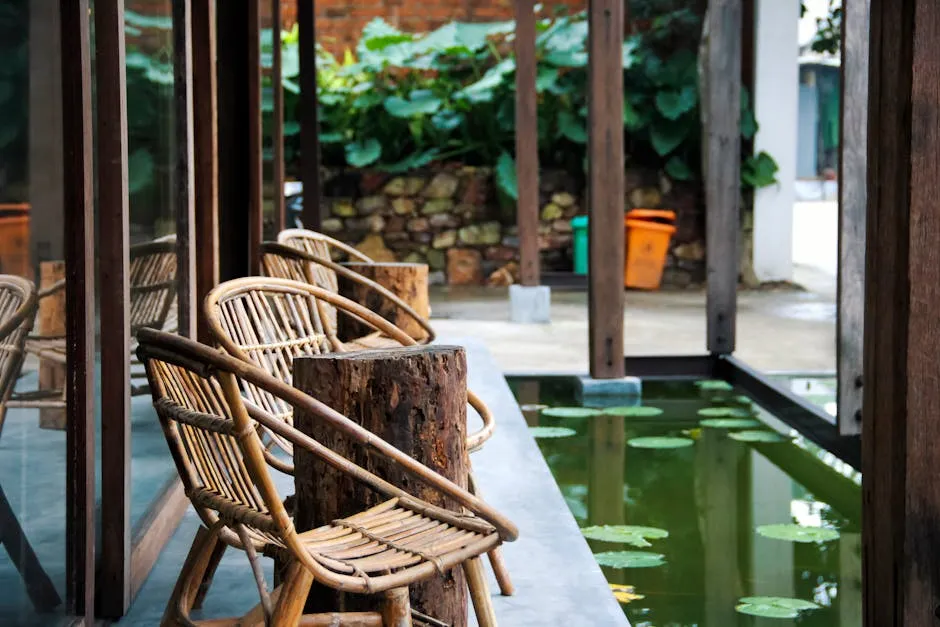 Brown Wooden Chairs and Tables Near the Water Pond