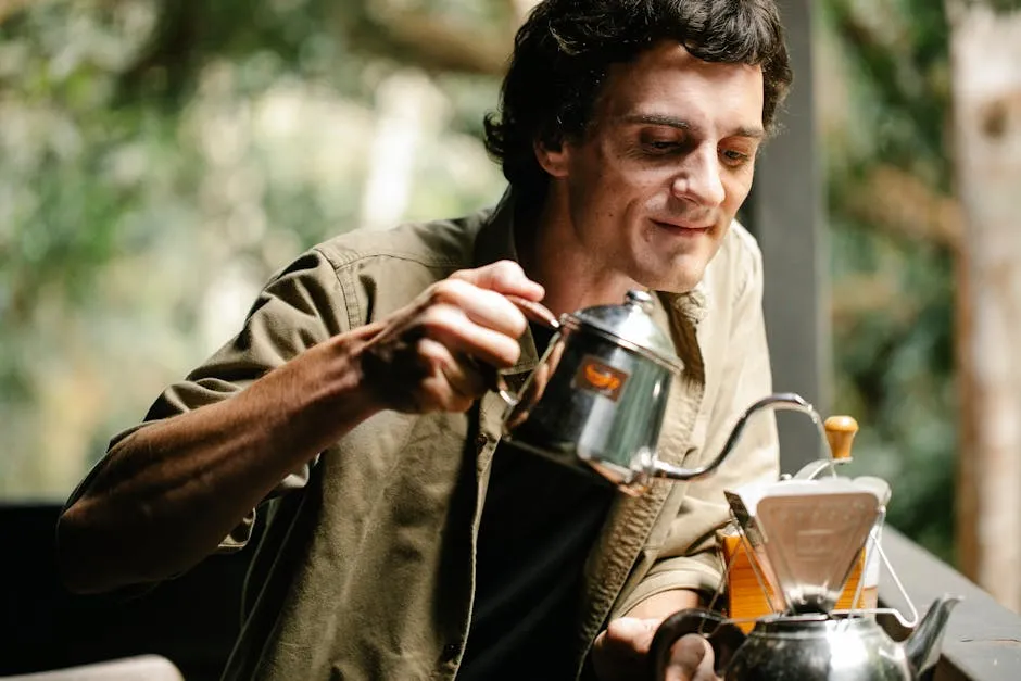 Positive man pouring water into filter