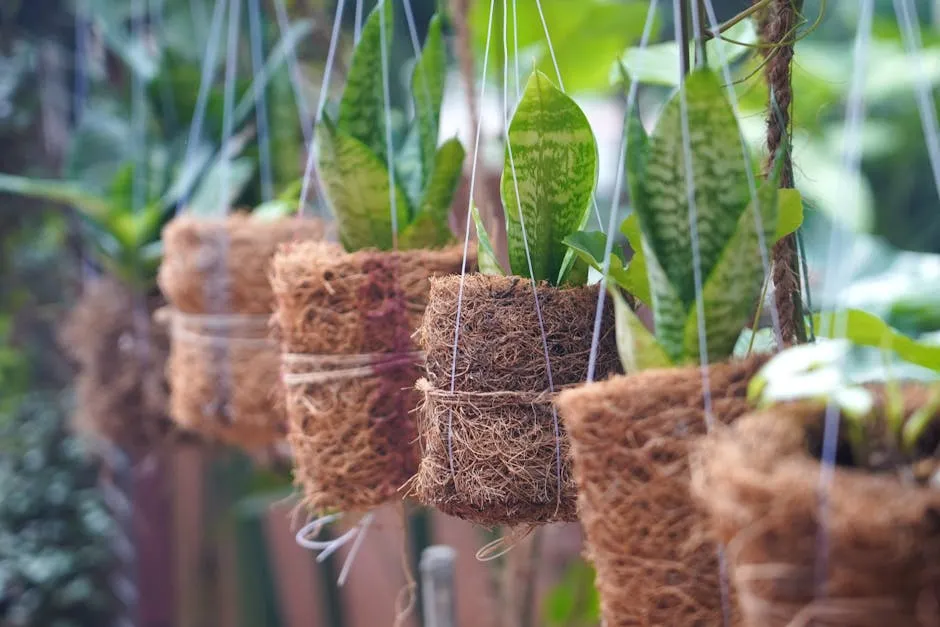 Close up of Hanging Plants in Natural Pots