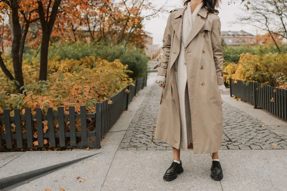 Woman In Trench Coat Standing Beside Garden Plants