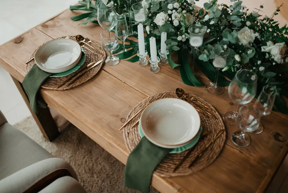 Elegant Rustic Dining Table Setting with Greenery