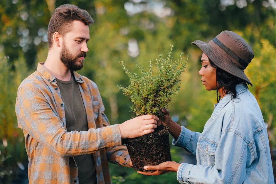 
A Bearded Man Giving a Plant to a Woman in Denim Jacket