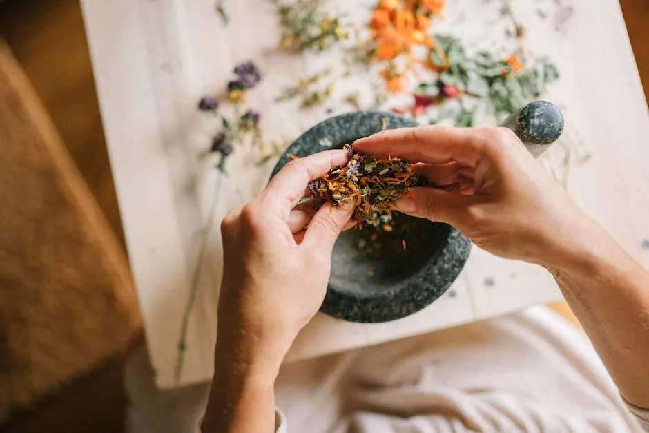 Top View of Woman Mixing Herbs in Mortar