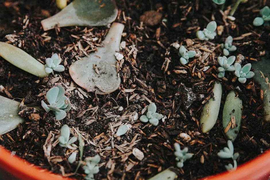 Close-up of Tiny Succulents Growing in a Pot with Soil 