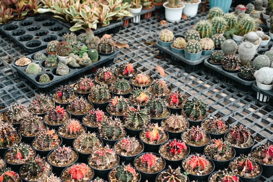 A variety of cactus plants in pots on a table