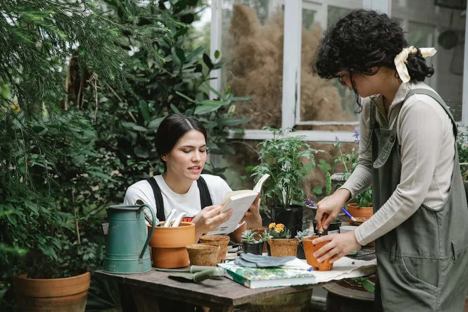 Woman sitting at table and reading gardening handbook while colleague planting sprout in peat pot in garden