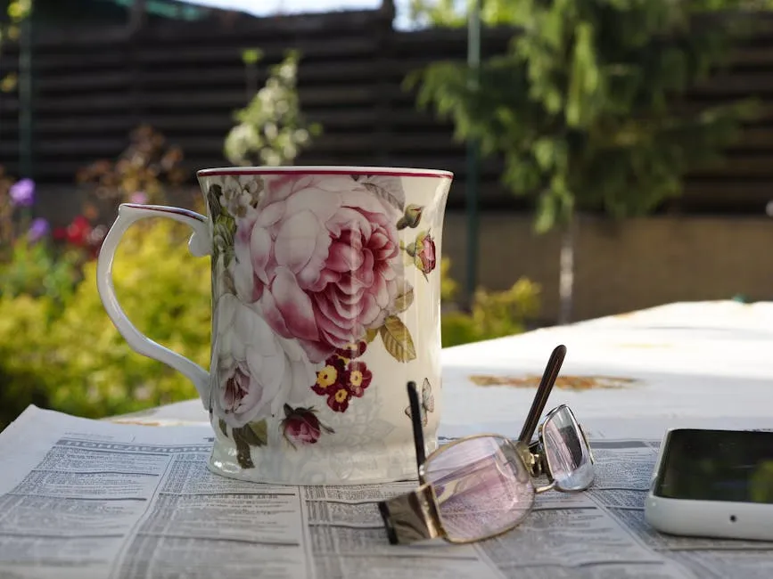 Morning Coffee in a Cup in the Garden with the Newspaper