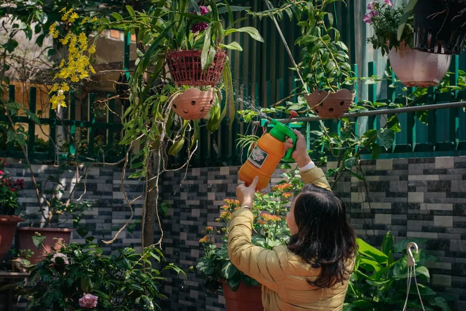 Women Watering Plants in Yard