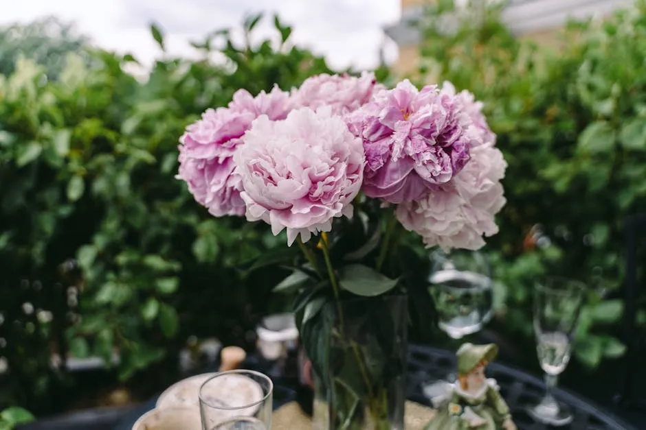 Bouquet of fresh delicate pink and purple peonies in vase placed on table with champagne glasses in lush green garden in daylight