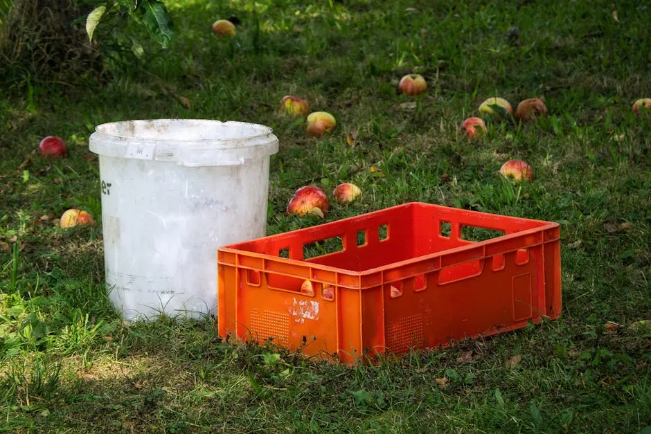 Harvest Scene with Fallen Apples and Containers