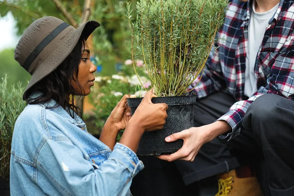 Woman in Blue Denim Jacket with Gray Hat Handing Over a Potted Plant to a Person in Plaid Shirt