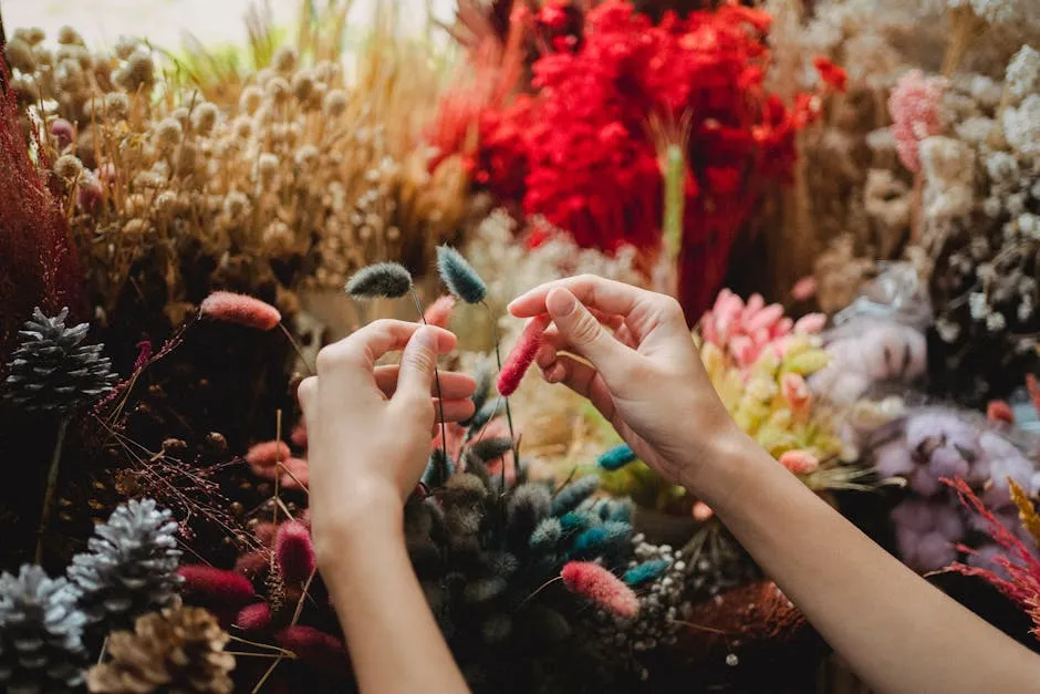 Crop woman touching flowers in workspace