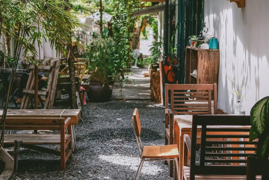 Wooden Tables and Chairs on a Garden