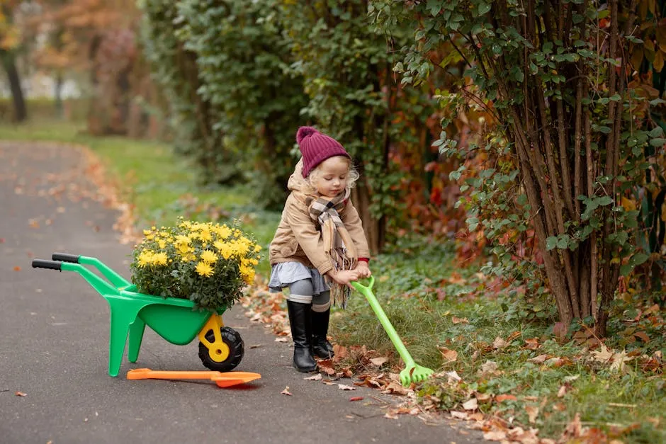 Girl with Toys Rake, Shovel and Flowers on Wheelbarrow