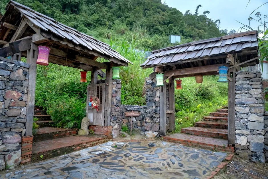 Rustic Stone Gate Entrance in Lush Greenery