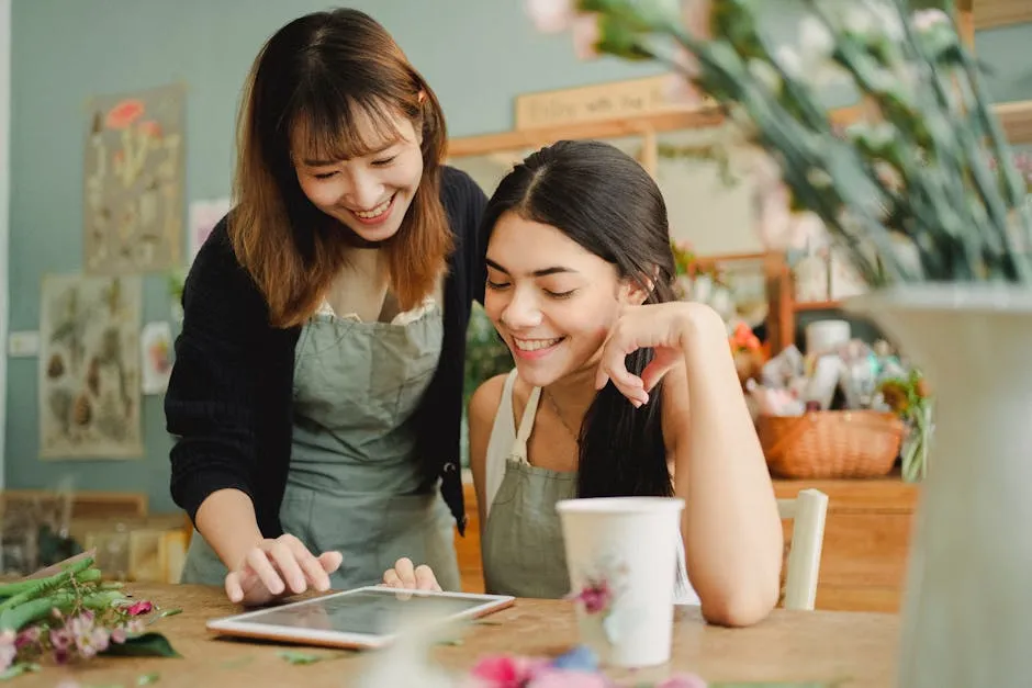 Smiling diverse female florists browsing tablet at work