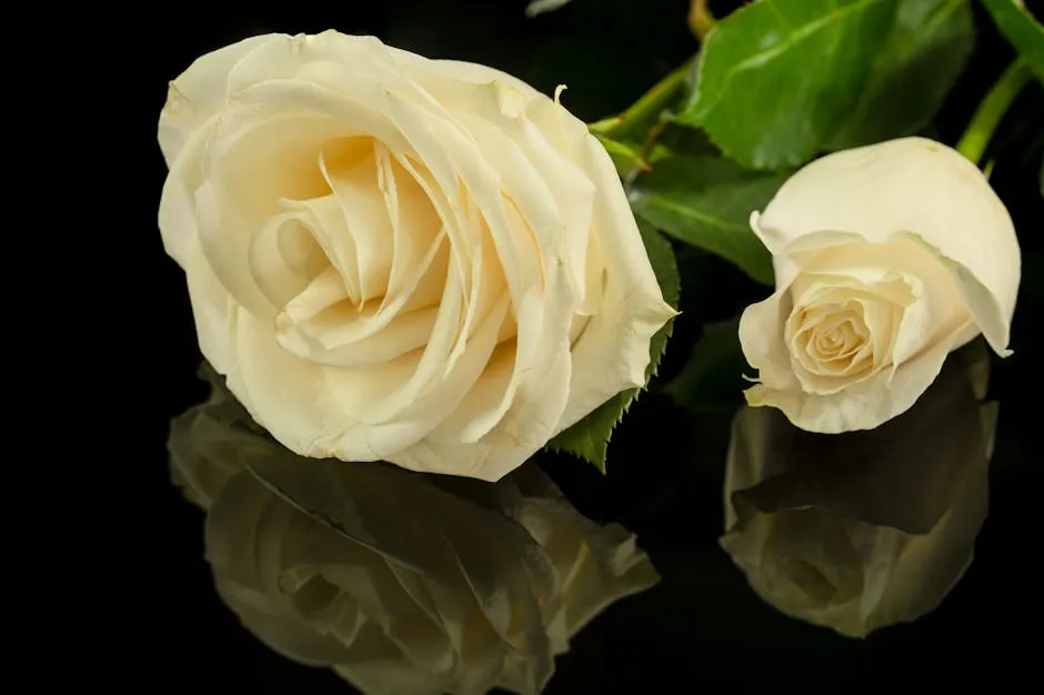 Elegant White Roses Reflected on Black Surface