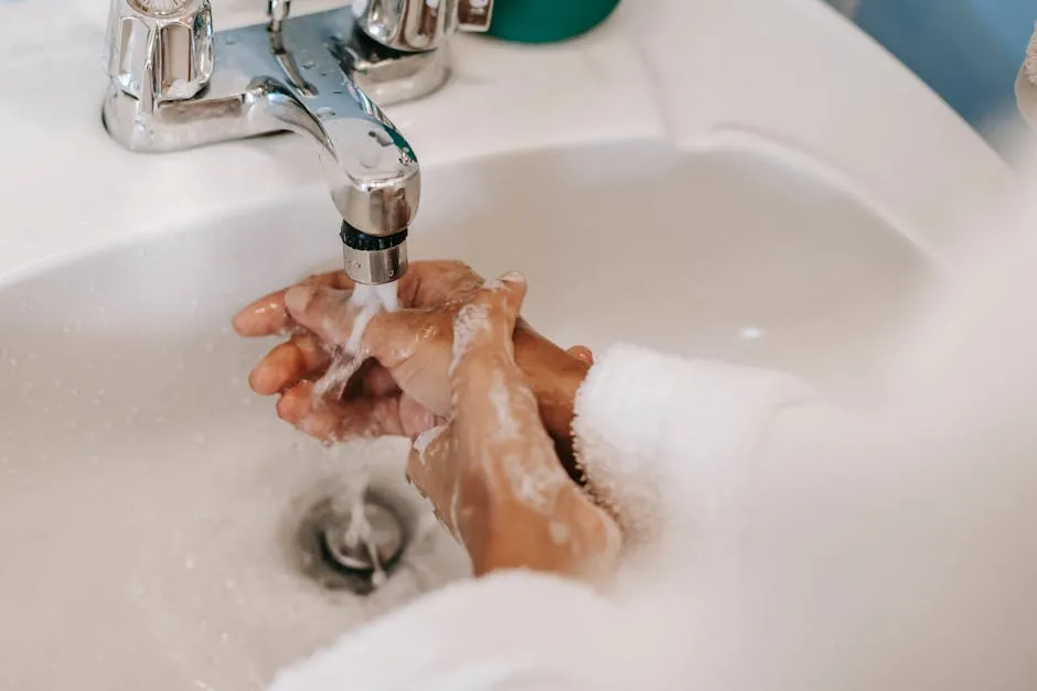 High angle of crop anonymous ethnic female washing hands with foamy water during morning hygiene routine