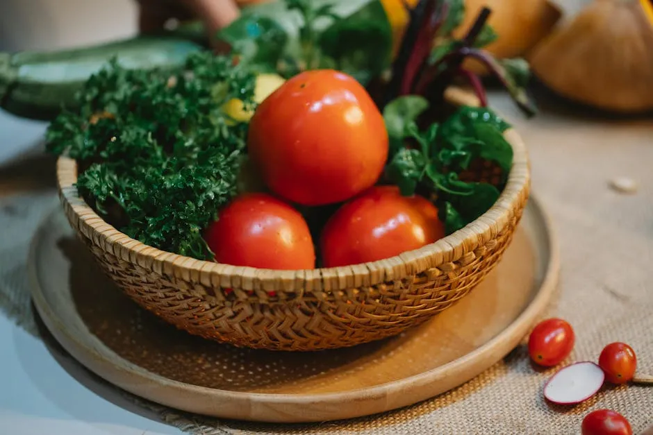 High angle of whole fresh tomatoes with herbs in wicker bowl placed on table in kitchen