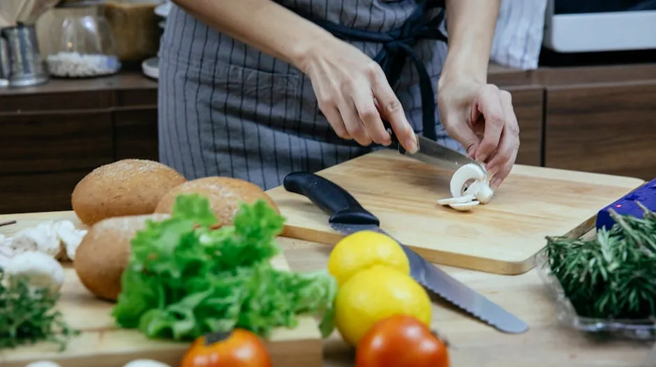 Crop anonymous female in apron cutting fresh mushrooms on wooden chopping board while preparing dinner with vegetable and herbs in kitchen