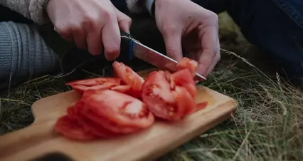 Horizontal video: Close up view of a person slicing tomatoes 6003137. Duration: 28 seconds. Resolution: 4096x2160
