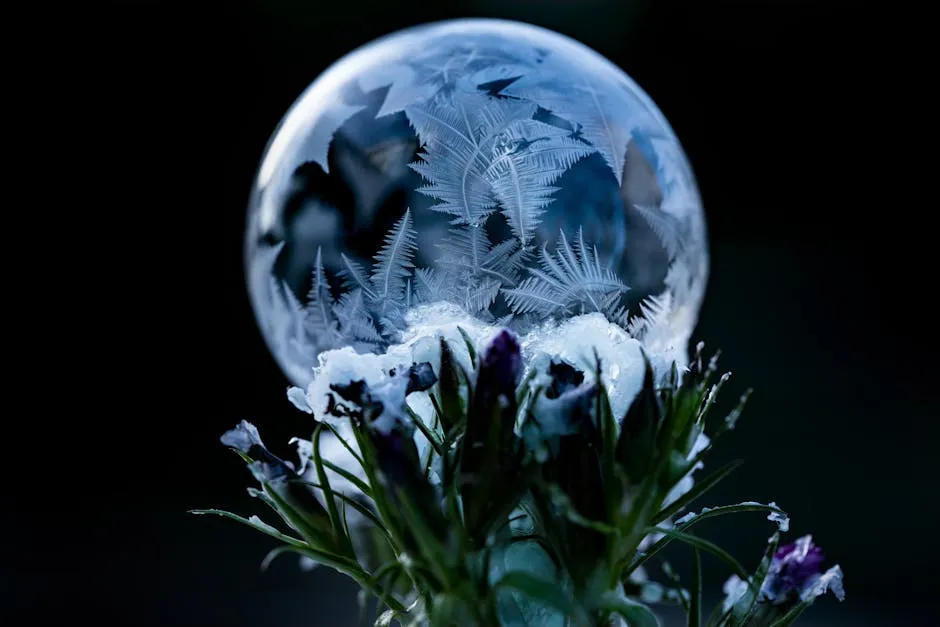 Shiny frozen soap bubble near blooming flower bouquet with delicate petals and long leaves on black background