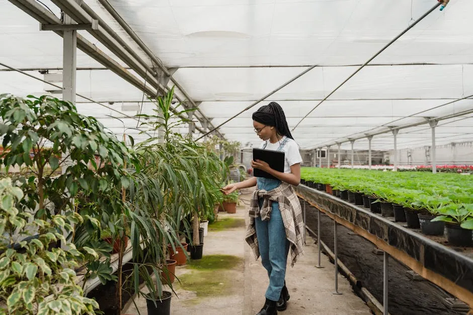 Woman in White Crew Neck Shirt Inspecting Plants in a Greenhouse