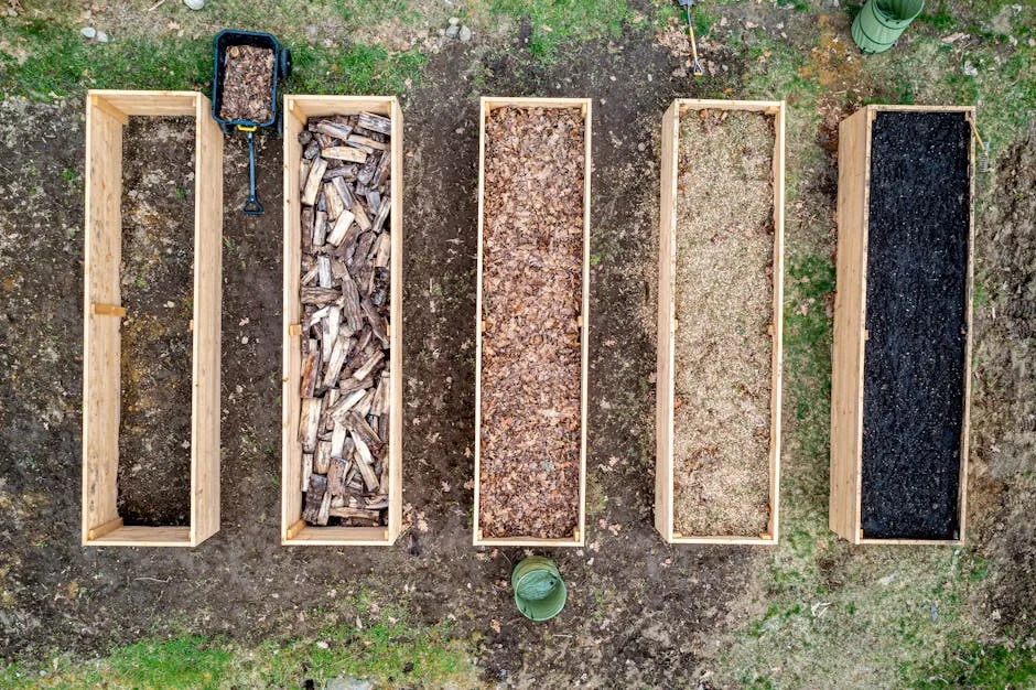 Top view of wooden boxes with piles of firewood wood chips sawdust and coal placed on ground in agricultural plantation