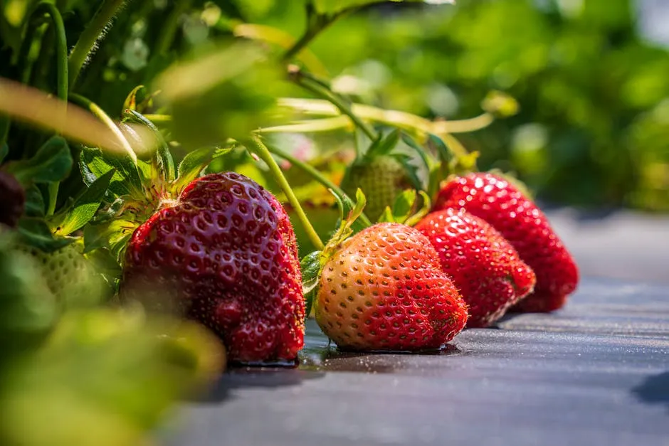 Strawberries Growing in Greenhouse