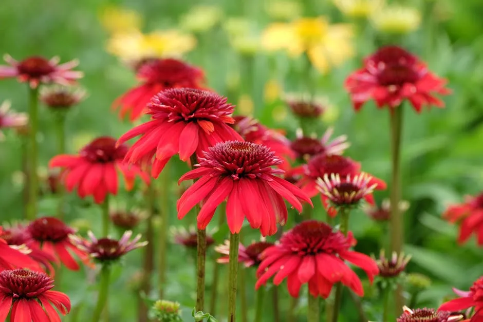 Vibrant Red Coneflowers in Bloom in Summer Garden