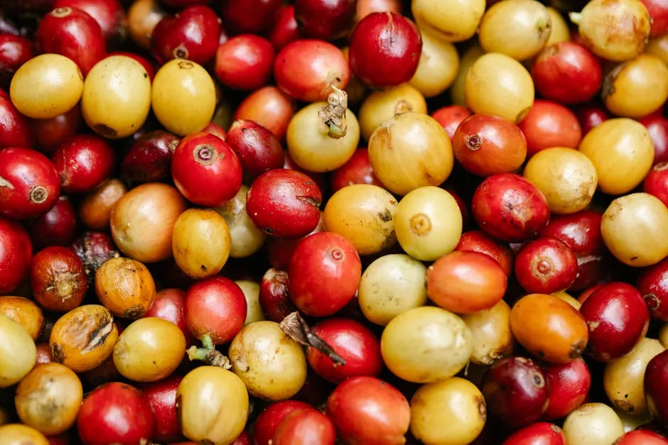 Top view heap of small rounded ripe coffee berries with red and yellow colors placed together during harvesting season in countryside
