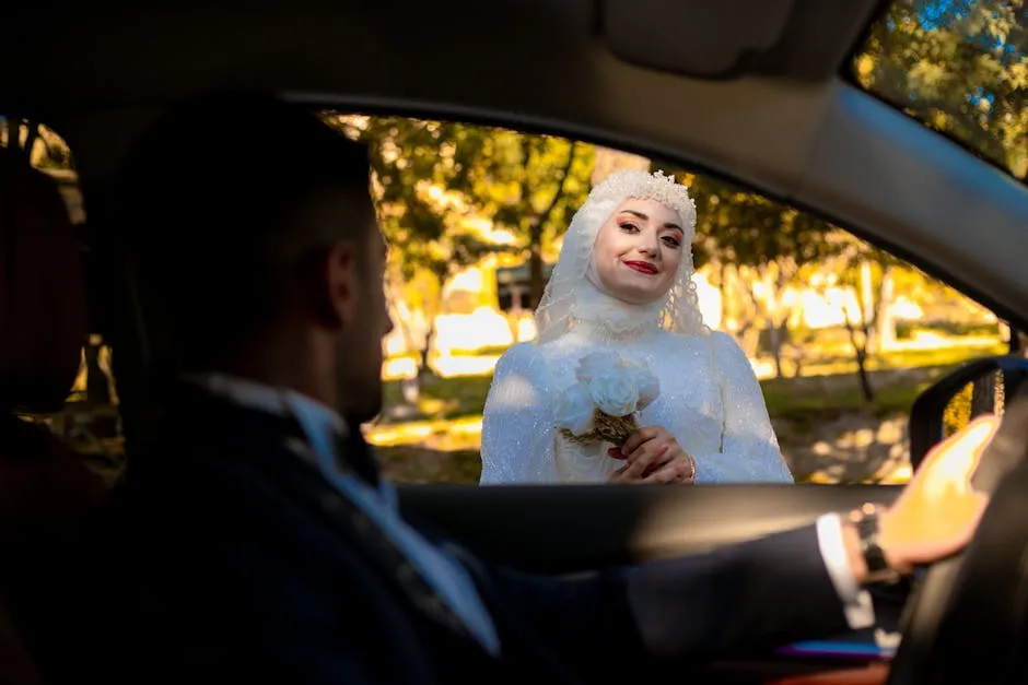 Bride in Hijab Holding Bouquet by Car Window