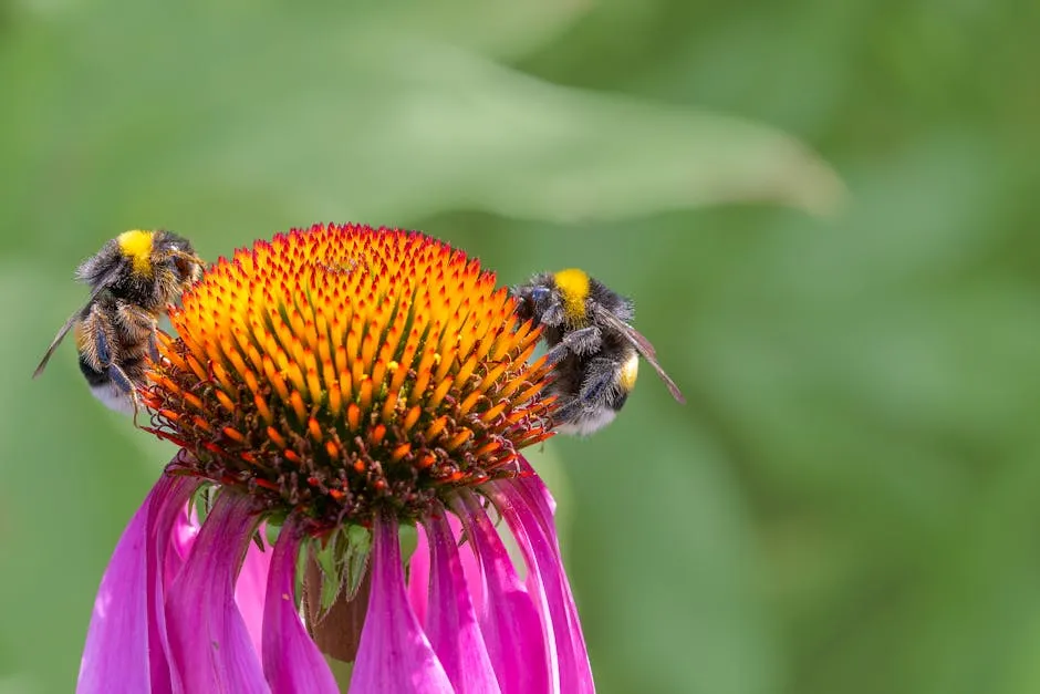 Macro shot of bumblebees on a vibrant pink coneflower, highlighting pollination.