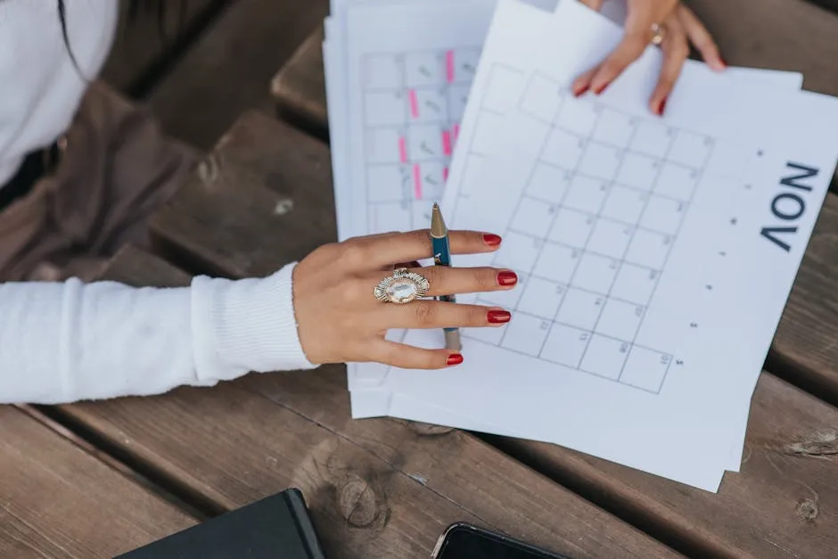 From above crop anonymous female in white blouse sitting at wooden table with pen and making list of plans for month