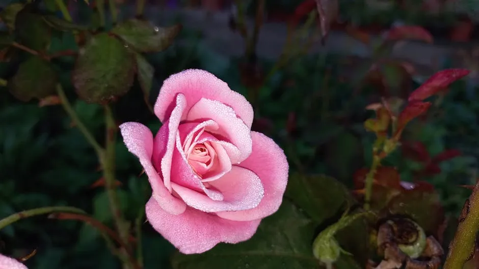 Dew-covered Pink Rose in Natural Garden Setting