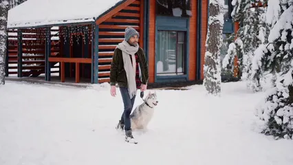 Horizontal video: A man walking his dog in the snow 6507569. Duration: 22 seconds. Resolution: 1920x1080
