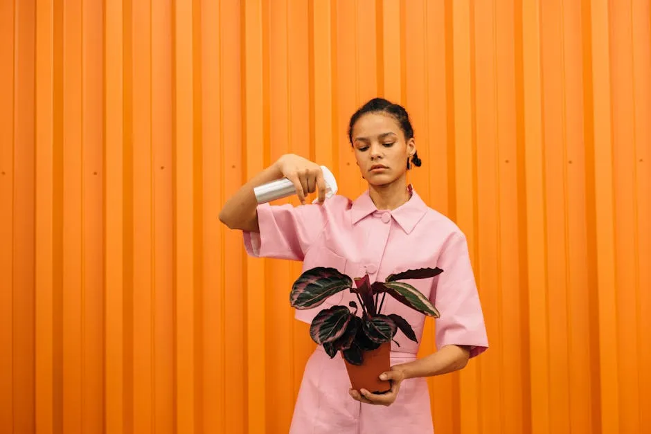 Photo of a Woman Using a Spray Bottle on a Plant