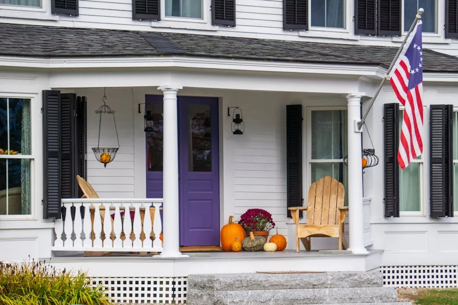 Porch with Pumpkin Decoration and Flag of USA