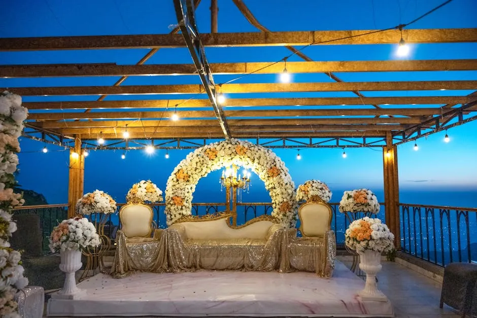 Terrace with Sofa and Armchairs Decorated with Flowers at Dusk