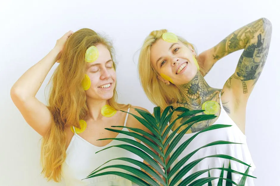 Cheerful women with green plant smiling and resting
