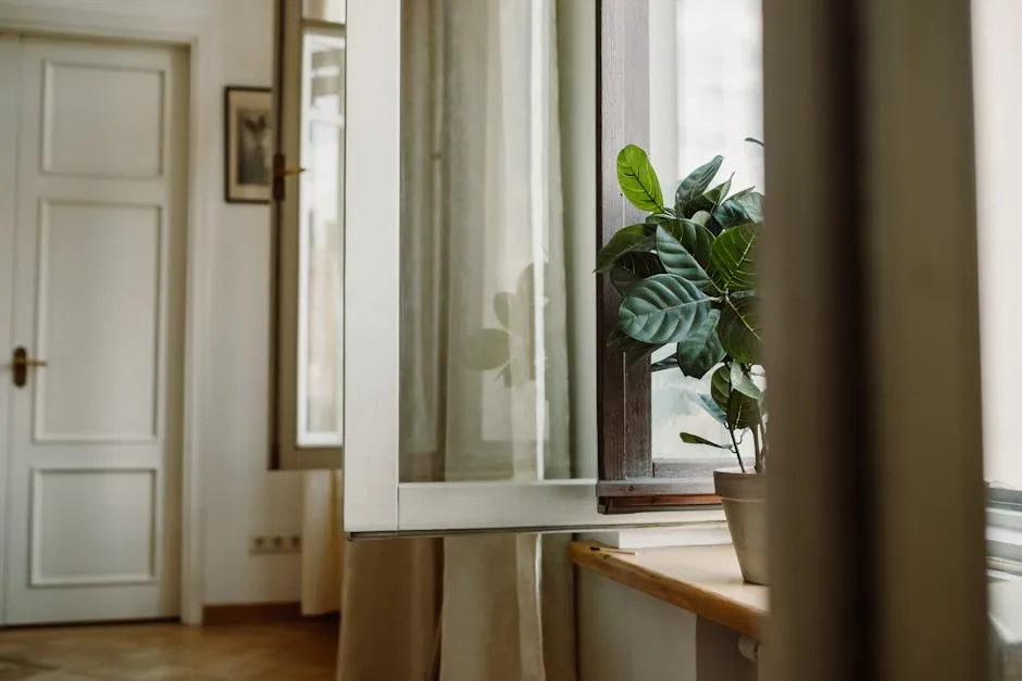 A serene indoor scene featuring a lush potted plant next to an open window with soft, flowing curtains.