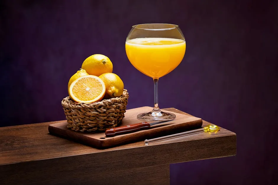 Freshly Squeezed Lemon Juice in a Glass and a Bunch of Lemons in a Basket