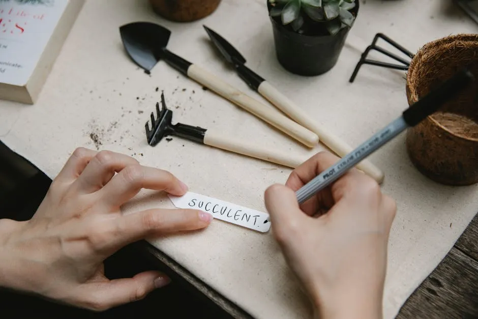 From above of crop anonymous gardener writing succulent on paper piece while working at table with gardening instruments